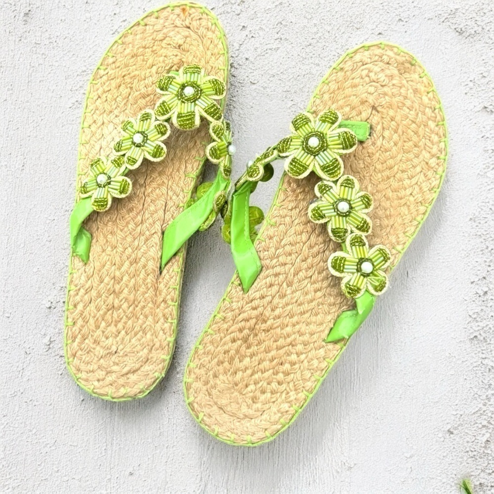 🌿 Beaded Flower Woven Sandals – Lime Green Y2K Fairycore Vibes 7.5